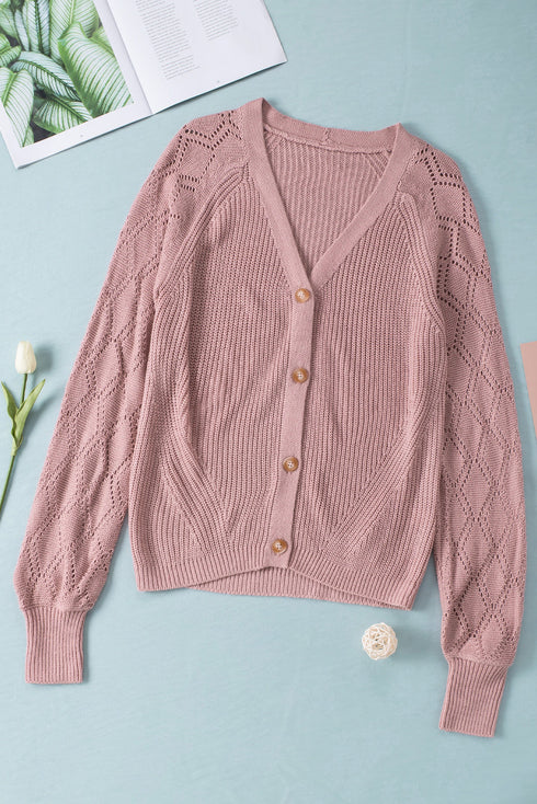 Bishop Sleeve V-Neck Drop Shoulder Button Front Knit Cardigan Sweater